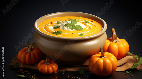 A bowl of pumpkin soup with a sprig of parsley on top. Generative Ai