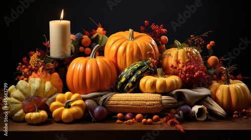 Thanksgiving Day decoration with candles  fruits and pumpkins  Bright color. Generative Ai