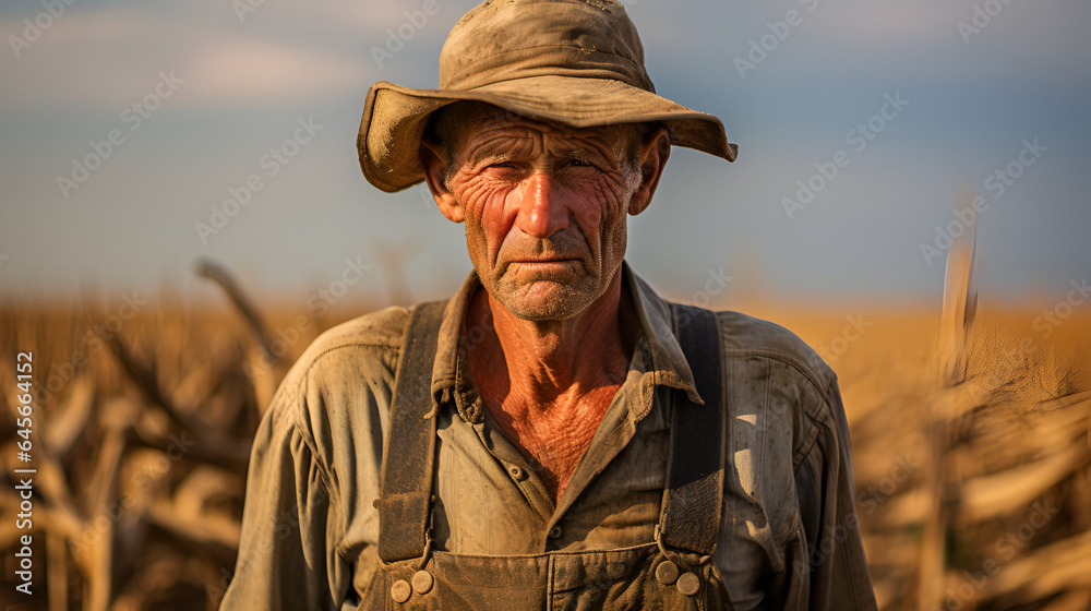An old hard working farmer, lined worn face, wears a hat & overalls