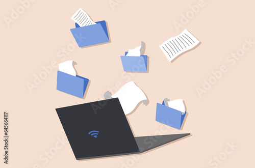 Flat design of overwhelm work vector, too many working folder vector, overwhelmed paperwork and folders, flat design of work life not balance vector, overwhelming paperwork floating vector.