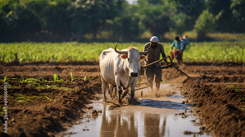 Livestock farmer walks his cattle through muddy water logged field