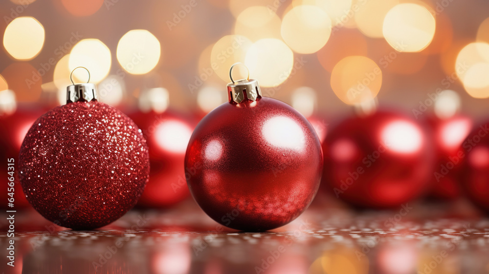 Christmas red baubles close up. Abstract holiday decor background
