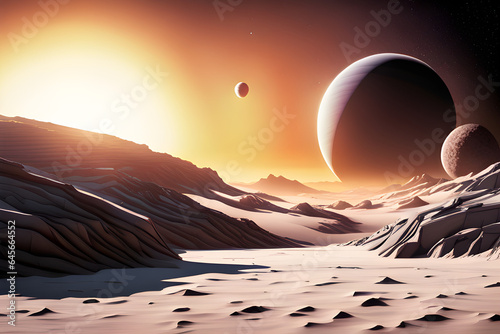 A futuristic space probe scanning a distant exoplanet for signs of life, with an alien landscape in the background ai generates