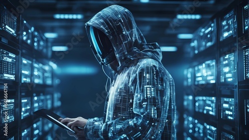 dagerous hacker stealing data inside a server room photo