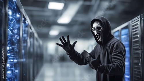 dagerous hacker stealing data inside a server room