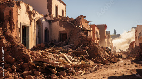 Leinwand Poster Morocco Shaken: North African street with collapsed buildings after earthquake