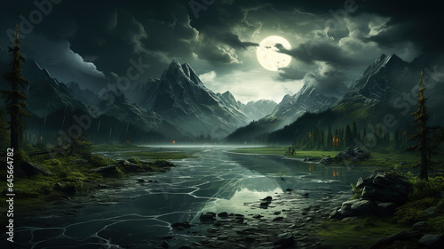 Beatiful Small River Under Dark Cloudy Sky with Snow Mountians and Full Moon