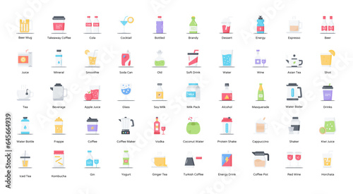 Beverages Flat Icons Beverage Tea Glass Iconset in Color Style 50 Vector Icons