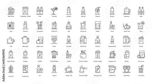 Beverages Thin Line Icons Beverage Tea Glass Iconset in Outline Style 50 Vector Icons in Black