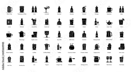 Beverages Glyph Icons Beverage Tea Glass Iconset in Glyph Style 50 Vector Icons in Black