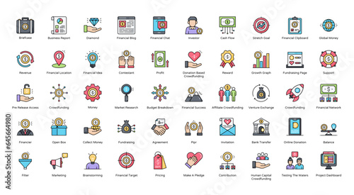 Crowdfunding Color Line Icons Affiliate Financial Banking Iconset in Filled Outline Style 50 Vector Icons