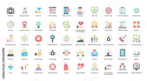 Crowdfunding Flat Icons Affiliate Financial Banking Iconset in Color Style 50 Vector Icons