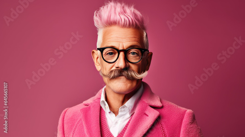Portrait of a senior man with pink hair and glasses isolated on pink background.