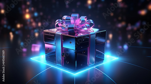 A gift box in cyberpunk style on a dark background. Generative Ai