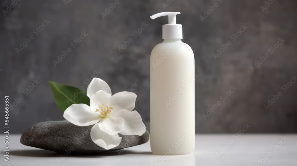 Cosmetic bottle with a dispenser and jasmine flower on a gray background