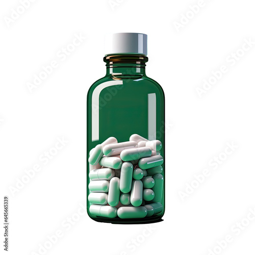 illustration of pills in a green plastic bottle isolated on a transparent background representing medical care and pharmaceuticals