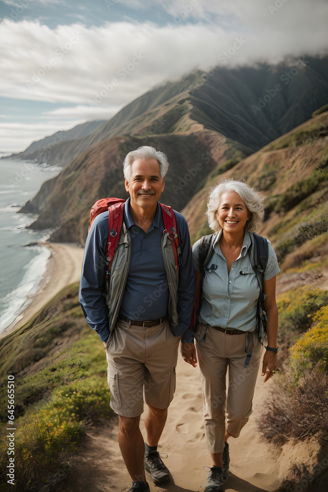 Senior couple admiring the scenic Pacific coast while hiking, filled with wonder at the beauty of nature during their active retirement. Image created using artificial intelligence.