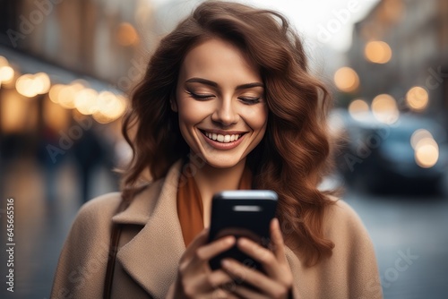 woman texting on mobile phone at city street © drimerz