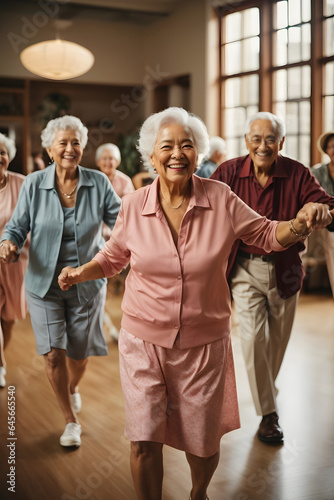 Candid capture of a joyful group of seniors showing vitality while dancing, highlights companionship and active lifestyle in retirement. Image created using artificial intelligence.
