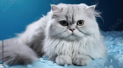 A Beautiful Muppet White Cat with Big Eyes Laying on The Bed Domestic Animal Selective Focus