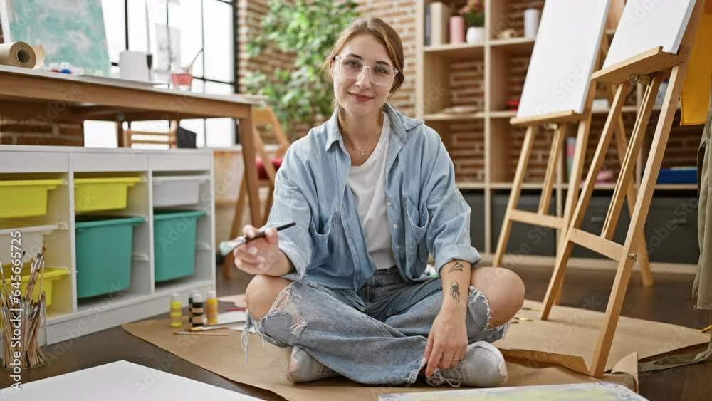 Young woman artist sitting on floor holding paintbrush smiling at art studio Young woman artist sitting on floor holding paintbrush smiling at art studio