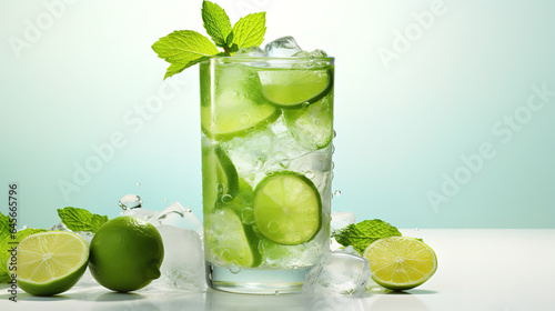 A glass of lemonade with mint leaves and lime slices. Generative Ai