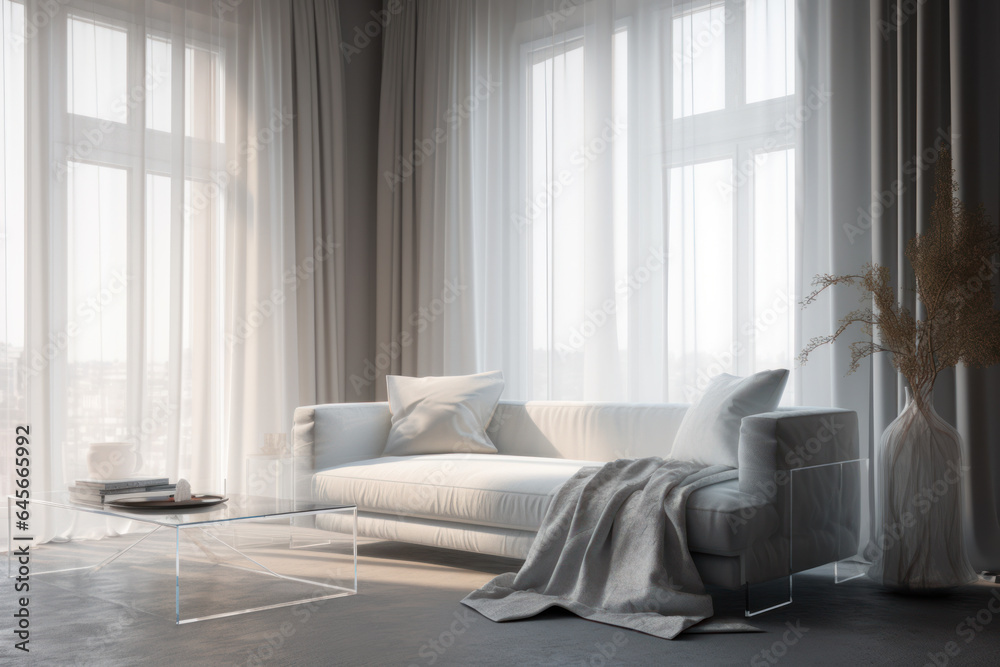 Modern light living room interior with windows and curtains Modern light living room interior with windows and curtains