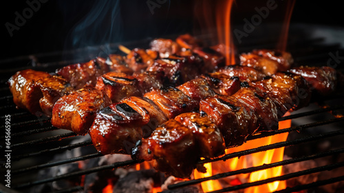 Pork kebab on skewers is fried on coals in the grill, Close-up, Barbecue cooking. Generative Ai