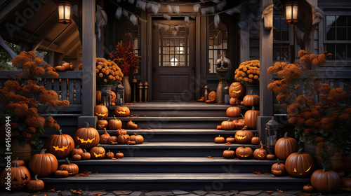 The porch of the house with steps decorated to halloween, Bright color. Generative Ai