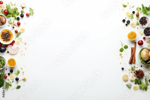 Multi purpose blank board with fruits  vegetables  spices  and and small tableware items  suitable for menus etc.  background with copy space