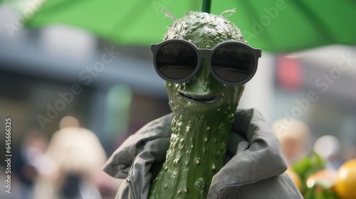 A pickle cucumber wearing sunglasses and a jacket. AI