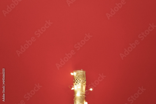 Champagne bottle with garlands on color background © fotomaximum