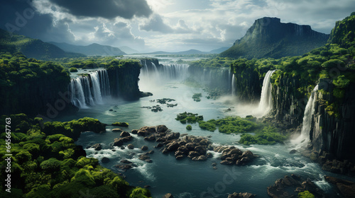 Top View of a Beautiful Waterfall and Natural River Floating Through Mountains © Image Lounge