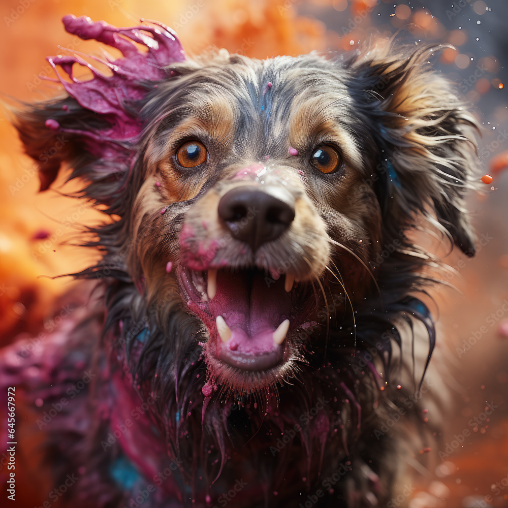  hyper realistic of a colorful dust with an image of a dog, ai generated.