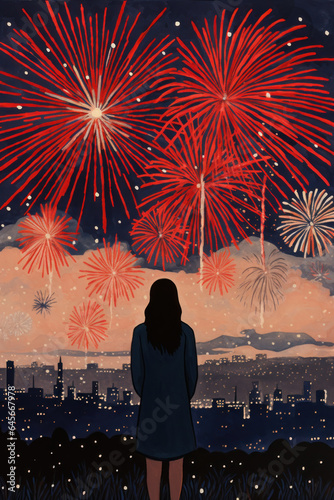 illustration color block of woman standing with her back to watch the sky full of fireworks on new years eve/4th of July/party/celebration alone/solitude/loneliness in editorial style