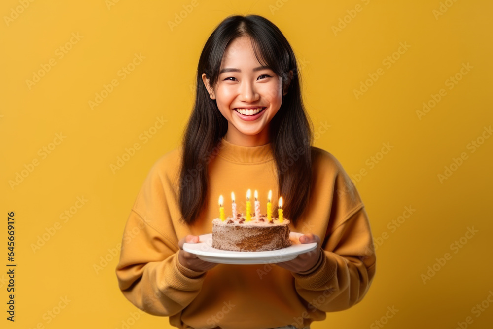Portrait of a happy young asian woman holding birthday cake with candles on yellow background Portrait of a happy young asian woman holding birthday cake with candles on yellow background