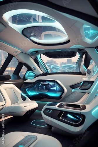  an image of a futuristic autonomous car interior with a panoramic OLED touchscreen dashboard, augmented reality windshield display, and luxurious, eco-friendly materials - generative ai © Art