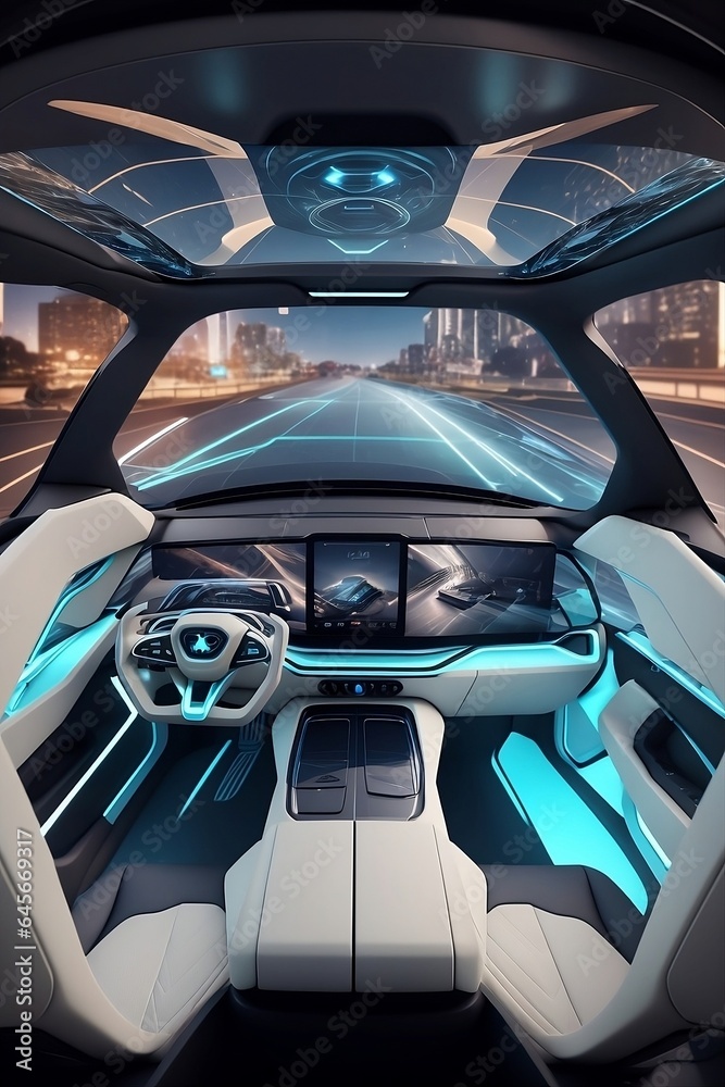 an image of a futuristic autonomous car interior with a panoramic OLED touchscreen dashboard, augmented reality windshield display, and luxurious, eco-friendly materials - generative ai an image of a futuristic autonomous car interior with a panoramic OLED touchscreen dashboard, augmented reality windshield display, and luxurious, eco-friendly materials - generative ai