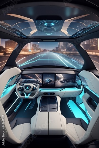  an image of a futuristic autonomous car interior with a panoramic OLED touchscreen dashboard, augmented reality windshield display, and luxurious, eco-friendly materials - generative ai