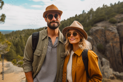 Portrait of happy couple with backpacks looking at camera in mountains