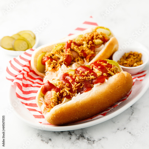 Traditional hot dogs with pickles