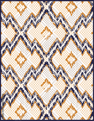gold, navy, white tie dye design, seamless ikat pattern with ethnic elements