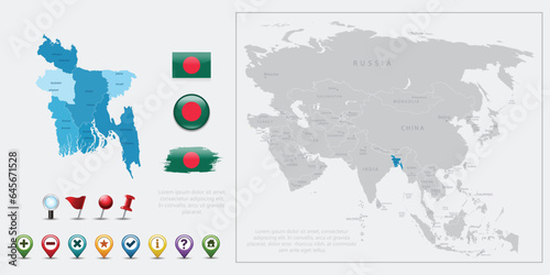 Bangladesh map, flag and navigation icons. Vector illustration