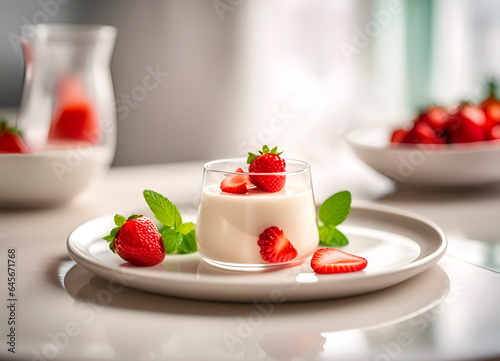 Italian dessert panna cotta with strawberries, mint leaves on a wooden plate