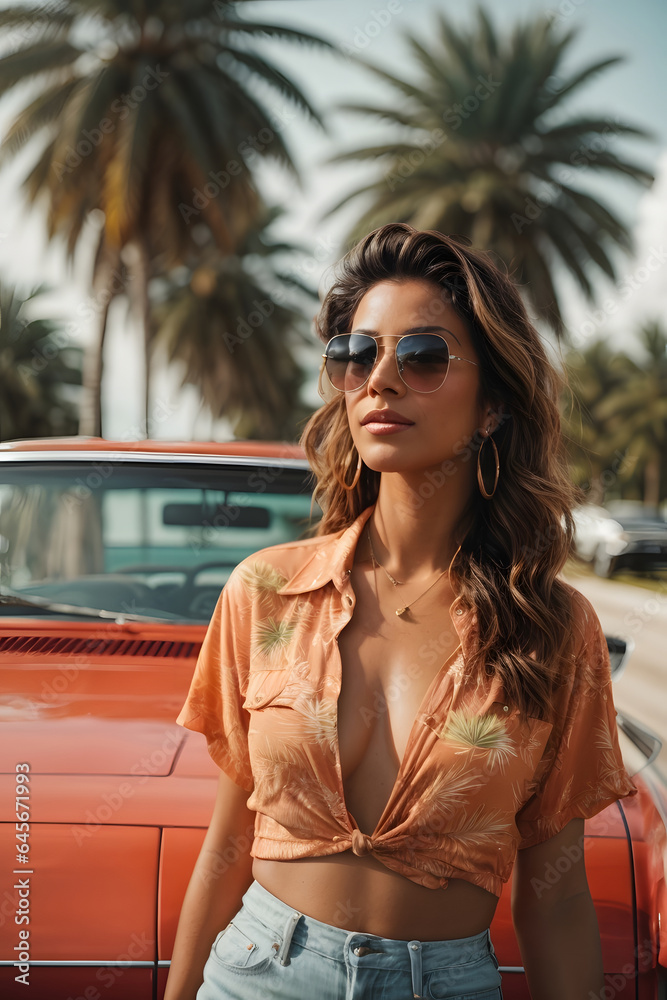 Fashion portrait of beauliful woman, Miami girl wearing sunglasses in summer. Image created using artificial intelligence. Fashion portrait of beauliful woman, Miami girl wearing sunglasses in summer. Image created using artificial intelligence.
