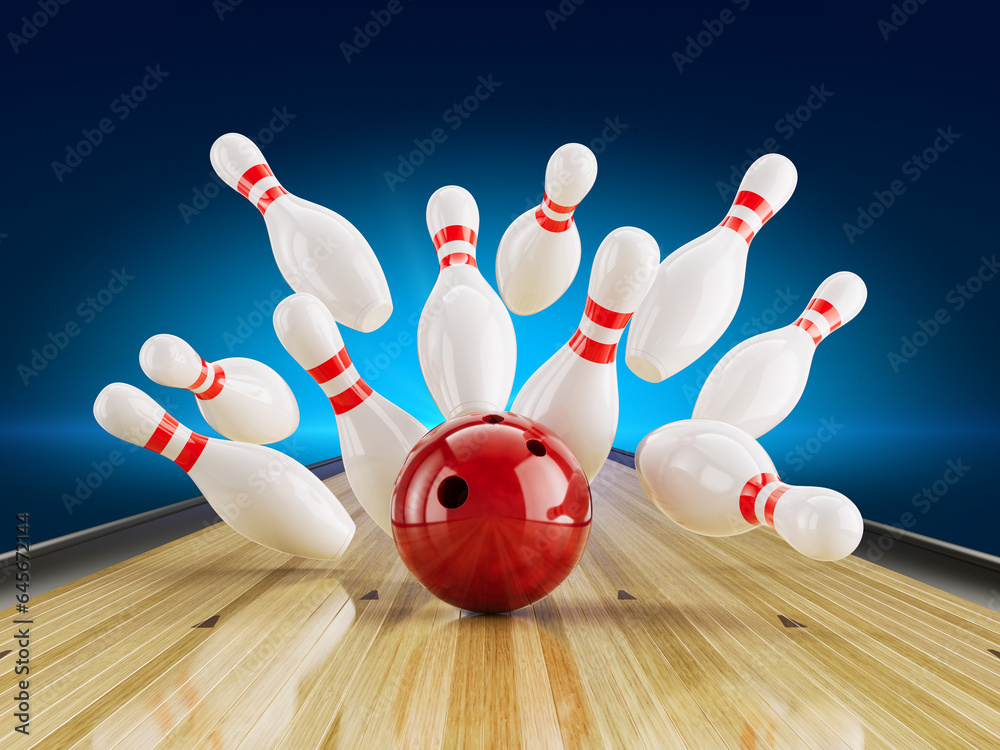 Red Bowling Ball Hit the Bowling pins on bowling alley line. Bowling