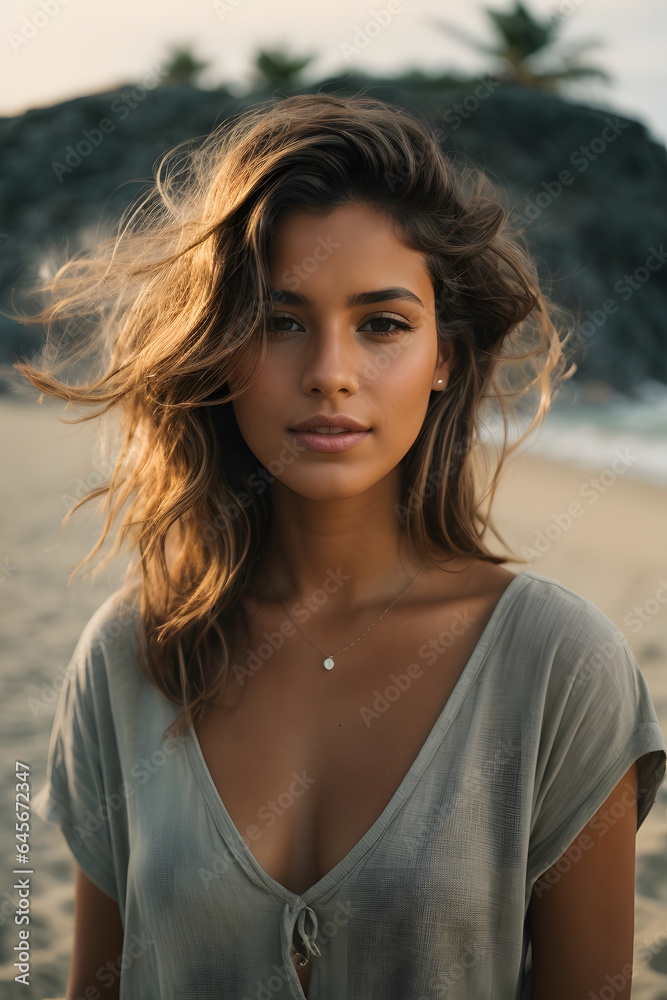Beach portrait of Young beautiful woman. Image created using artificial intelligence.