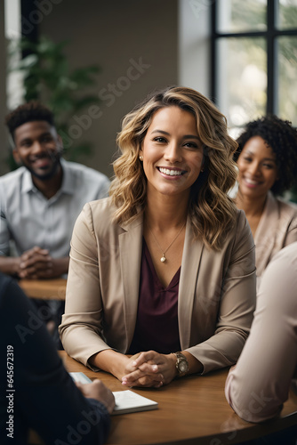 Professional therapist conducting a group session, showing genuine compassion and a comforting smile. Image created using artificial intelligence.