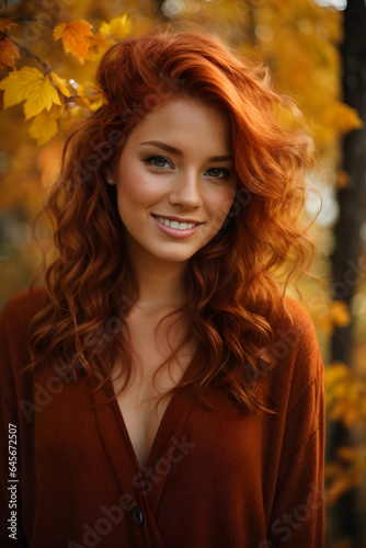 picture of attractive redhead woman model symbolizing autumn season over background. Image created using artificial intelligence.