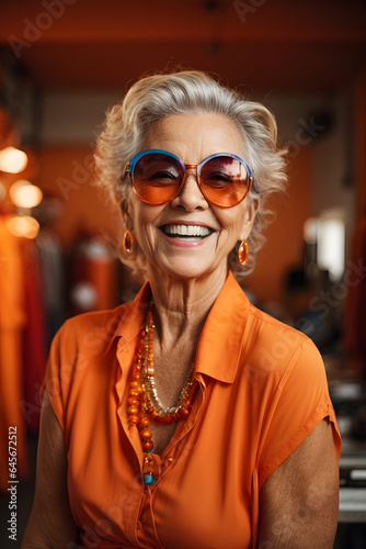 Happy senior woman in colorful orange outfit, cool sunglasses, laughing and having fun in fashion studio. Image created using artificial intelligence.